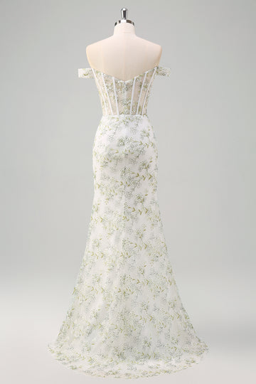 Light Green Mermaid Off the Shoulder Corset Long Prom Dress with Embroidery